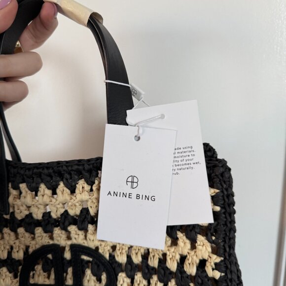 NWT Anine Bing Rio Logo Small Tote Bag Woven Seagrass Raffia Striped Pattern - Picture 4 of 9